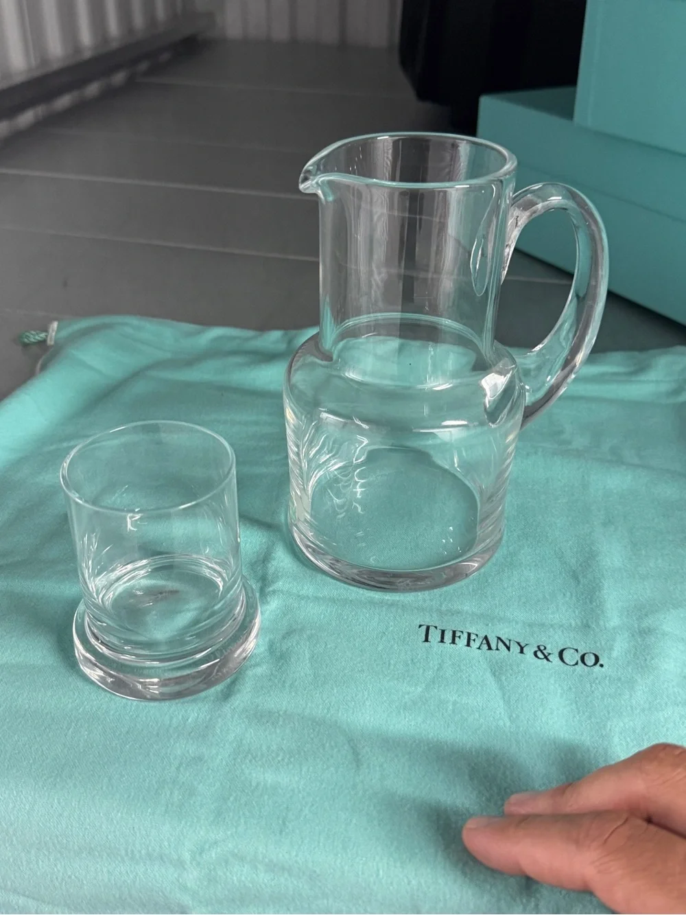 Tiffany & Co. Clear Glass Pitcher and glass